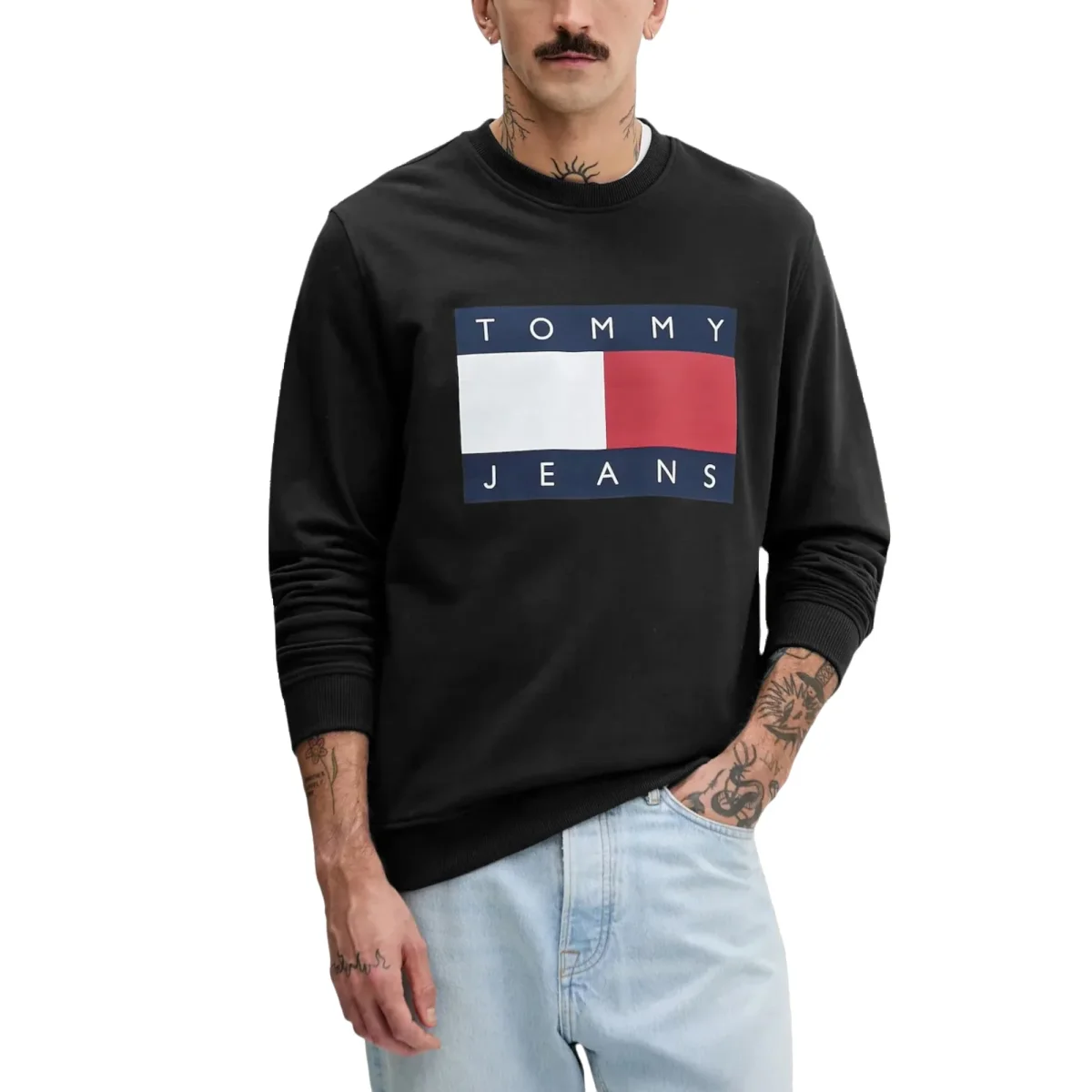 TOMMY HILFIGER Felpa Uomo Nera Cotone Organico Stampa Maniche Lunghe - immagine 2