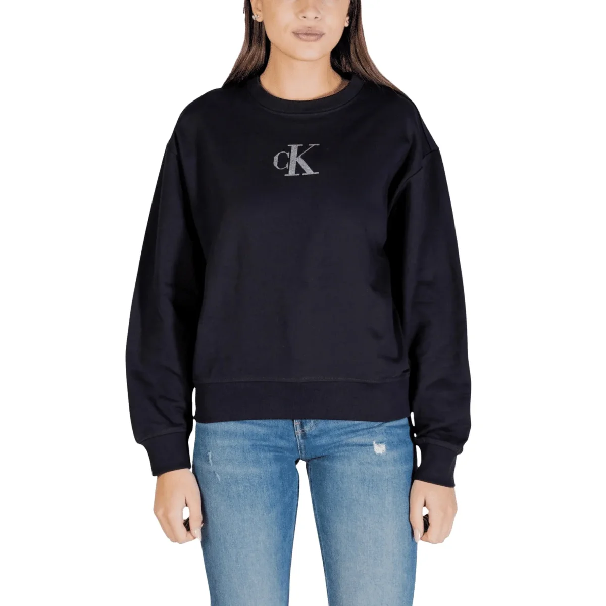 Calvin Klein Jeans Felpa Donna Nera Maniche Lunghe Scollo Tondo - immagine 2