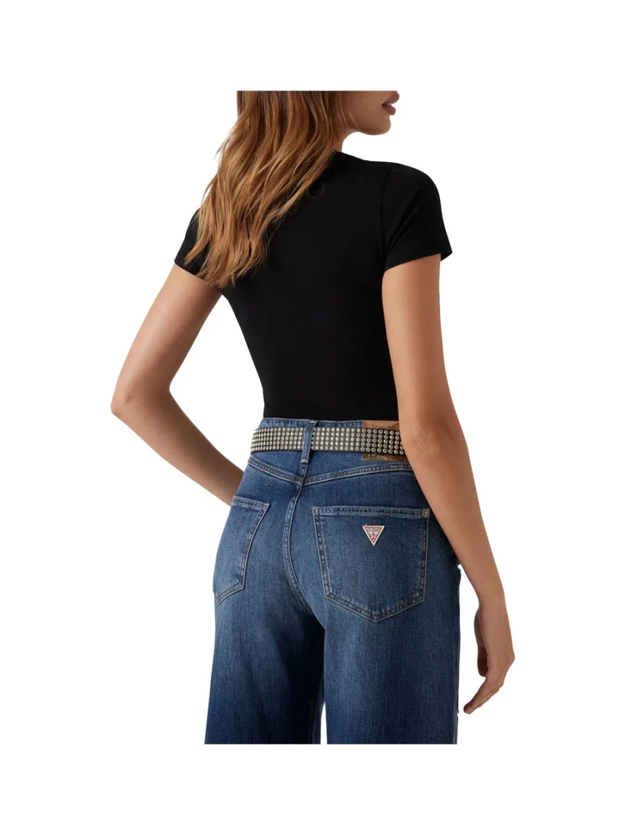 T-shirt Donna con ricamo e strass Nera - immagine 4