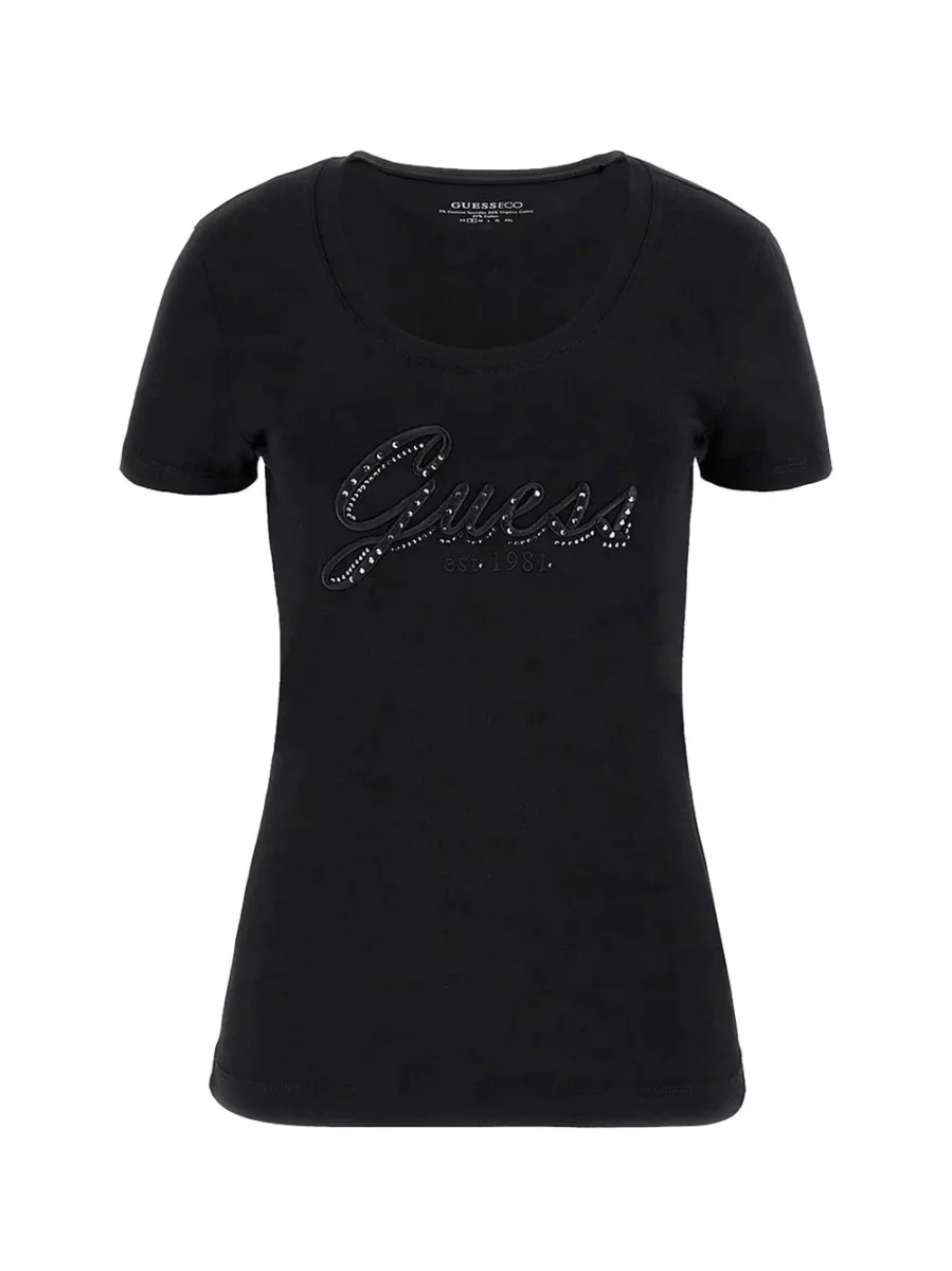 T-shirt Donna con ricamo e strass Nera - immagine 2